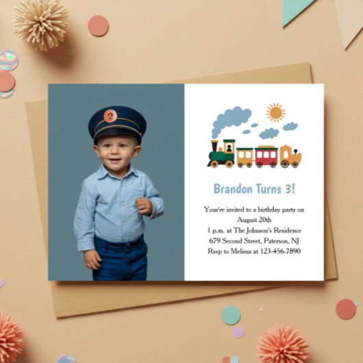 Cute Boy Train Photo Kids 3rd Birthday Party 招待状