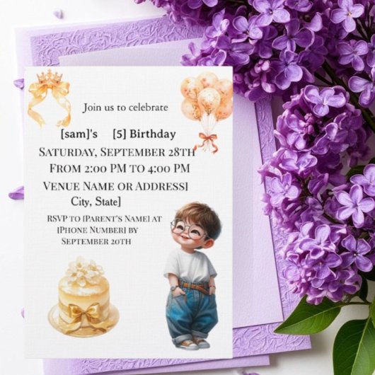 Cute Boy with Glasses 5th Birthday Party Invitatio 招待状
