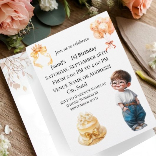 Cute Boy with Glasses 5th Birthday Party Invitatio 招待状
