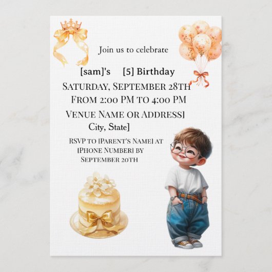 Cute Boy with Glasses 5th Birthday Party Invitatio 招待状 (正面)