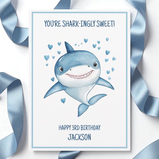 Cute Boys Custom Blue Shark Happy 3rd Birthday カード