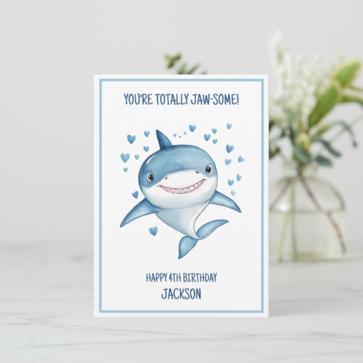 Cute Boys Custom Blue Shark Happy 4th Birthday カード (スタンド正面)