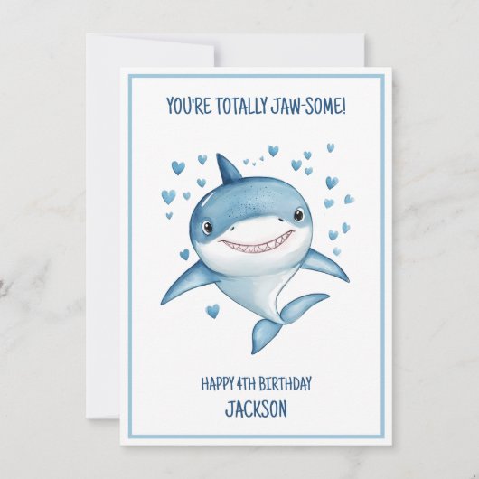Cute Boys Custom Blue Shark Happy 4th Birthday カード (正面)