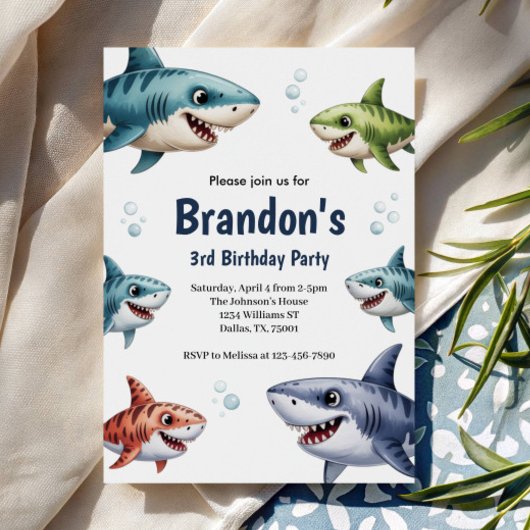 Cute Boys Watercolor Shark 3rd Birthday Party 招待状