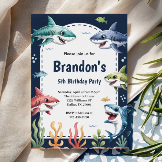 Cute Boys Watercolor Shark Birthday Party 招待状