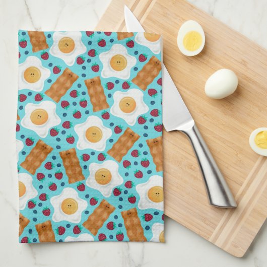 Cute Breakfast Pattern Playful Egg and Bacon キッチンタオル (四つ折り)