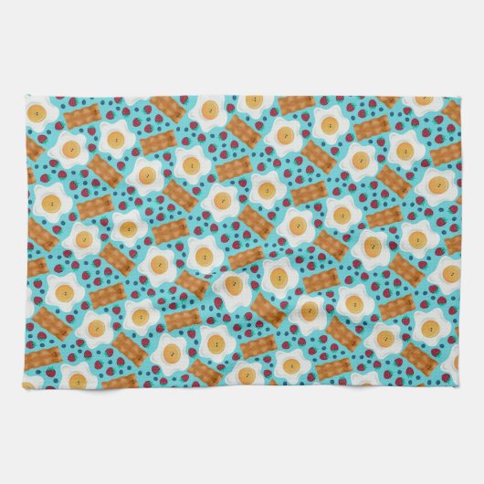 Cute Breakfast Pattern Playful Egg and Bacon キッチンタオル (横)
