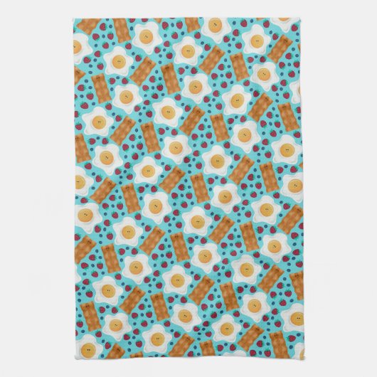 Cute Breakfast Pattern Playful Egg and Bacon キッチンタオル (縦)