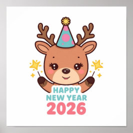 cute bright reindeer new year poster 2026 ポスター