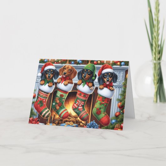 Cute Brown and Black Dachshund Christmas シーズンカード (正面)