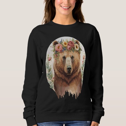 Cute Brown Bear Grizzly Flower Crown Animal スウェットシャツ (正面)