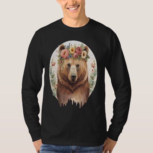 Cute Brown Bear Grizzly Flower Crown Animal Tシャツ (正面)