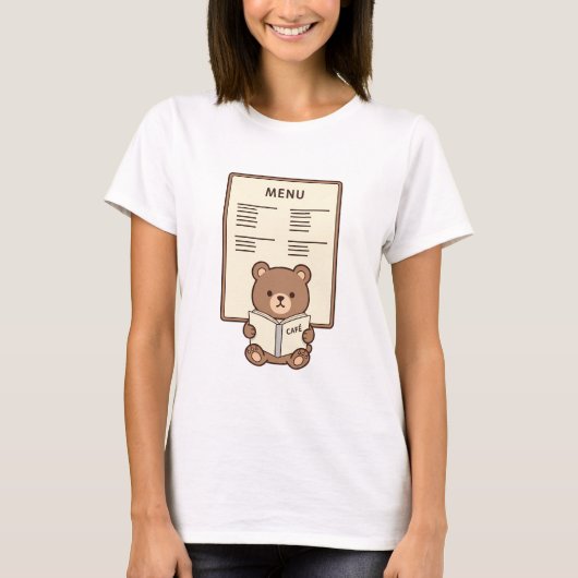 Cute Brown Bear Reading Cafe Menu Illustration Tシャツ (正面)