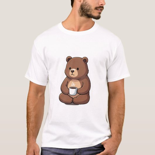 Cute Brown Bear Sitting with a Steaming Coffee Mug Tシャツ (正面)