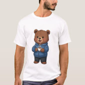 Cute Brown Bear Wearing Blue Hoodie Tシャツ (正面)