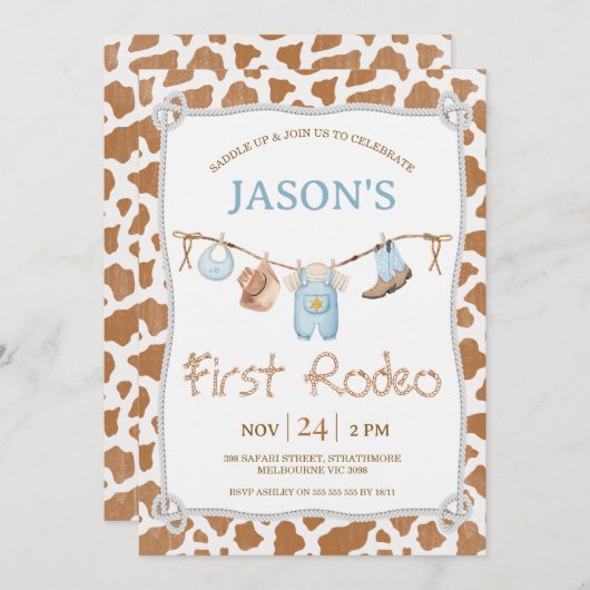 Cute Brown Clothesline First Rodeo 1st Birthday 招待状 (正面/裏面)