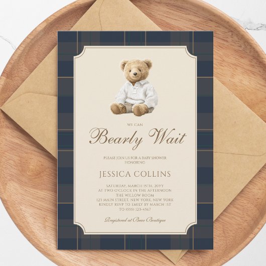 Cute Brown Cub We Can Bearly Wait Baby Shower 招待状