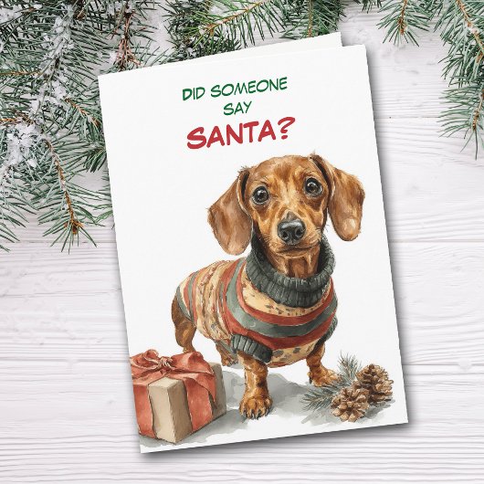 Cute Brown Dachshund Dog Looks for Santa シーズンカード