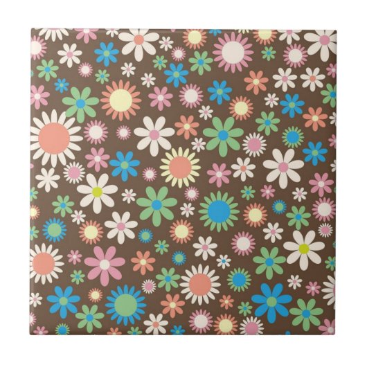 Cute Brown Flower Power Pattern タイル (正面)