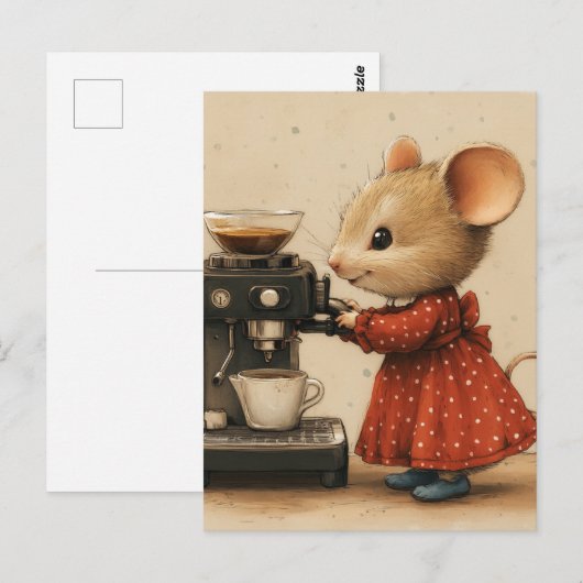 Cute Brown Mouse Makes Coffee ポストカード (正面/裏面)