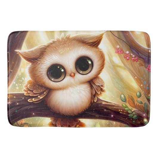 Cute brown owl on a branch バスマット (正面)
