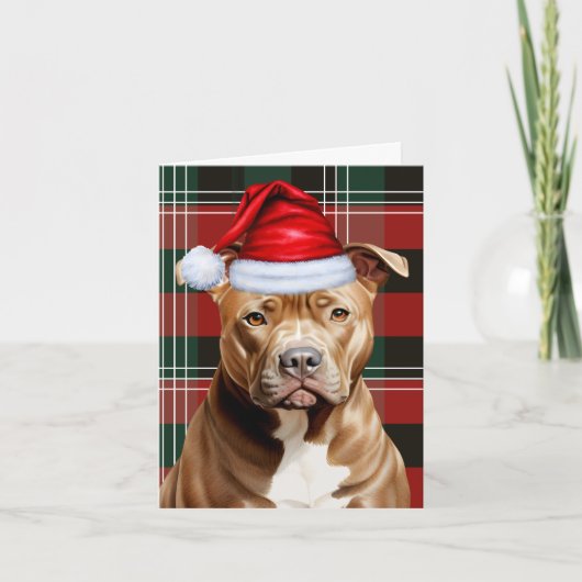 Cute Brown Pitbull Santa Dog Red Green Plaid シーズンカード (正面)