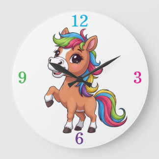 Cute Brown Pony Rainbow Mane Kids Nursery Round Cl ラージ壁時計