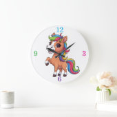 Cute Brown Pony Rainbow Mane Kids Nursery Round Cl ラージ壁時計 (ホーム)