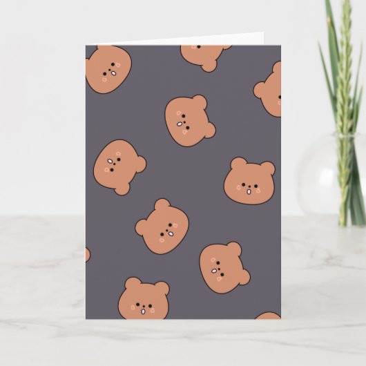 Cute Brown Teddy Bear Face Pattern Dark Blue カード (正面)