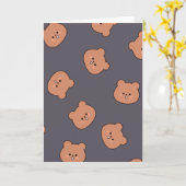 Cute Brown Teddy Bear Face Pattern Dark Blue カード (黄色い花)
