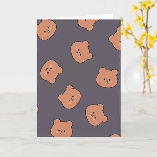 Cute Brown Teddy Bear Face Pattern Dark Blue カード (黄色い花)