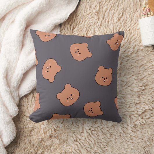 Cute Brown Teddy Bear Face Pattern Dark Blue クッション (ブランケット)