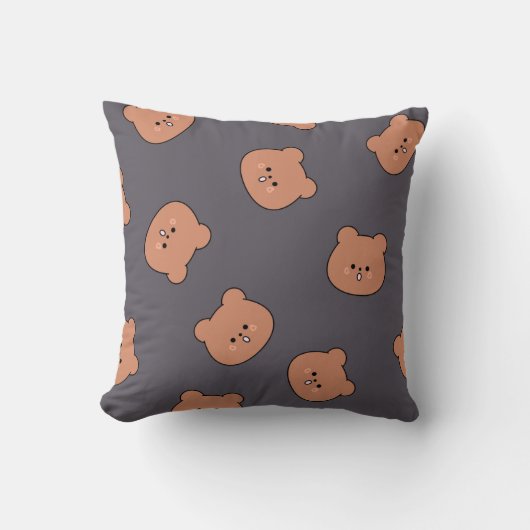 Cute Brown Teddy Bear Face Pattern Dark Blue クッション (正面)