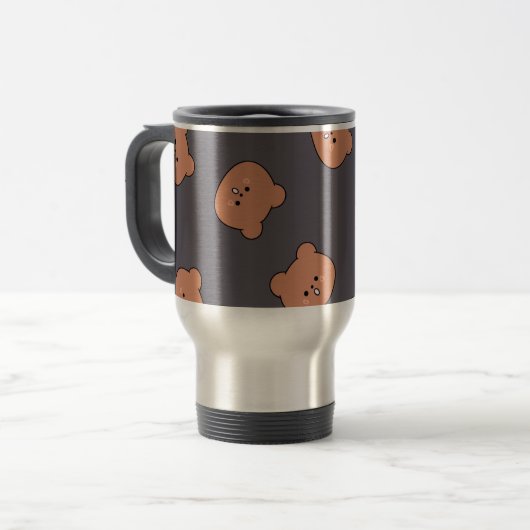 Cute Brown Teddy Bear Face Pattern Dark Blue トラベルマグ (正面左)