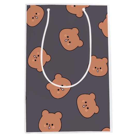 Cute Brown Teddy Bear Face Pattern Dark Blue ミディアムペーパーバッグ (正面)
