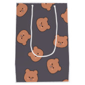 Cute Brown Teddy Bear Face Pattern Dark Blue ミディアムペーパーバッグ (裏面)