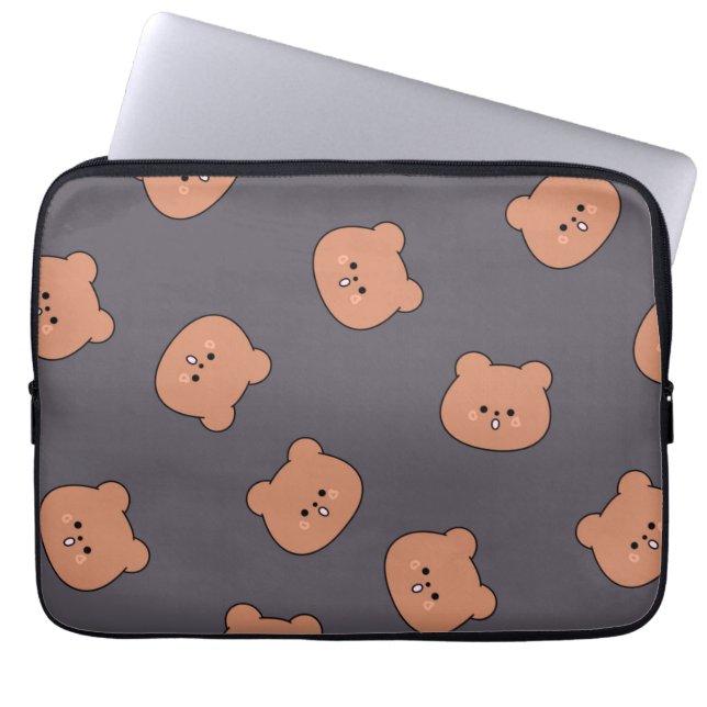 Cute Brown Teddy Bear Face Pattern Dark Blue ラップトップスリーブ (正面)