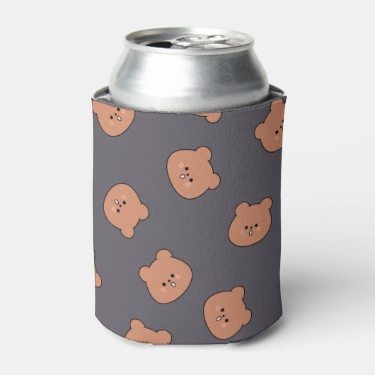 Cute Brown Teddy Bear Face Pattern Dark Blue 缶クーラー (缶正面)