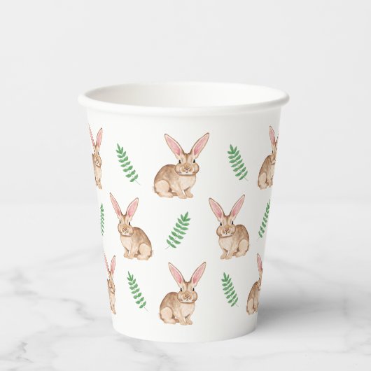 Cute Brown Watercolor Bunny And Greenery Pattern 紙コップ (正面)