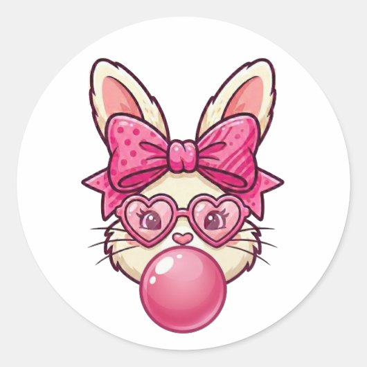Cute Bubblegum Bunny with Heart Glasses ラウンドシール (正面)