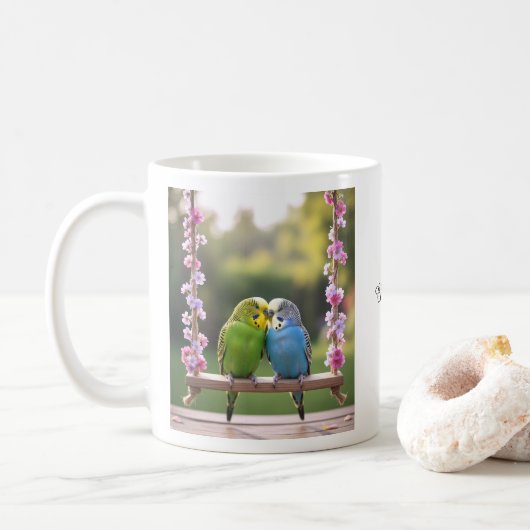 Cute Budgie Couple Snuggling Customized Name コーヒーマグカップ (ドーナツ)