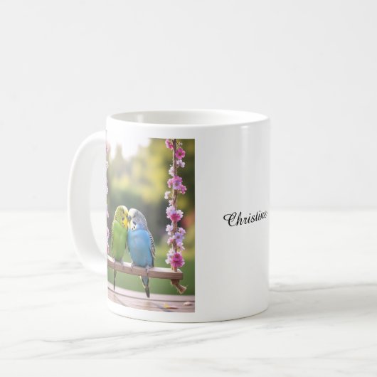 Cute Budgie Couple Snuggling Customized Name コーヒーマグカップ (正面左)