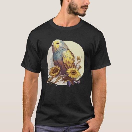 Cute Budgie Parakeet Sunflower Watercolor Bird Tシャツ (正面)