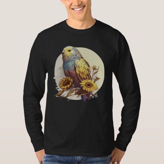 Cute Budgie Parakeet Sunflower Watercolor Bird Tシャツ (正面)