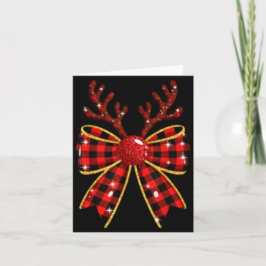 Cute Buffalo Plaid Coquette Bow Reindeer Christmas カード (正面)