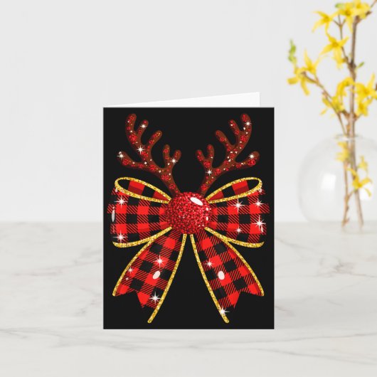 Cute Buffalo Plaid Coquette Bow Reindeer Christmas カード (黄色い花)