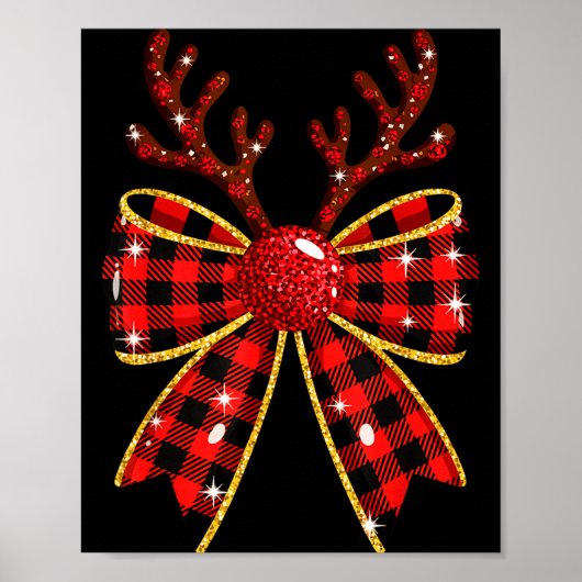 Cute Buffalo Plaid Coquette Bow Reindeer Christmas ポスター (正面)