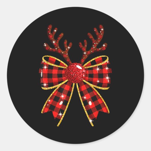 Cute Buffalo Plaid Coquette Bow Reindeer Christmas ラウンドシール (正面)