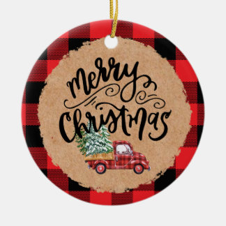Cute Buffalo Plaid Truck Christmas Ornament セラミックオーナメント
