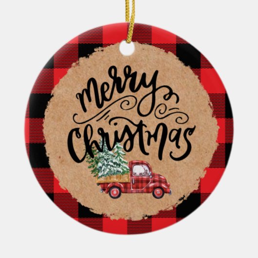Cute Buffalo Plaid Truck Christmas Ornament セラミックオーナメント (正面)